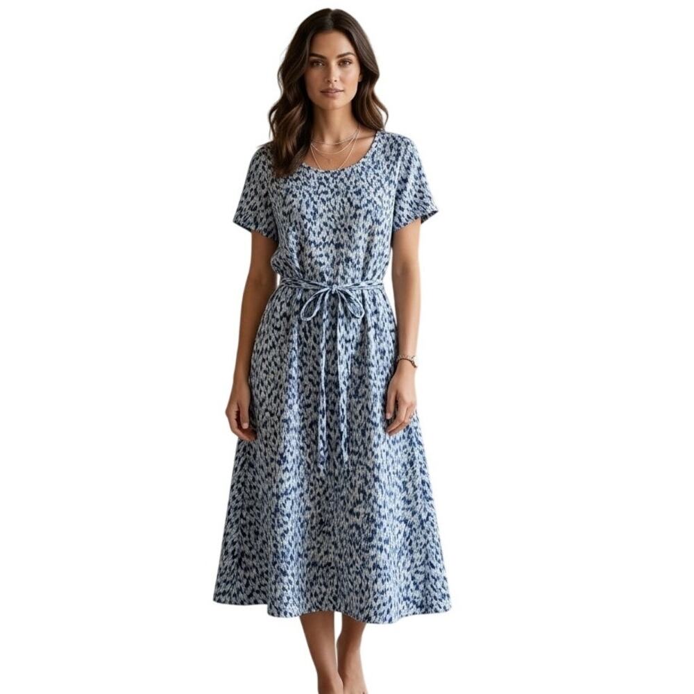 Gerard Darel Linen Midi Dress Size 3 (Womens Large) Blue Abstract Belted Coastal